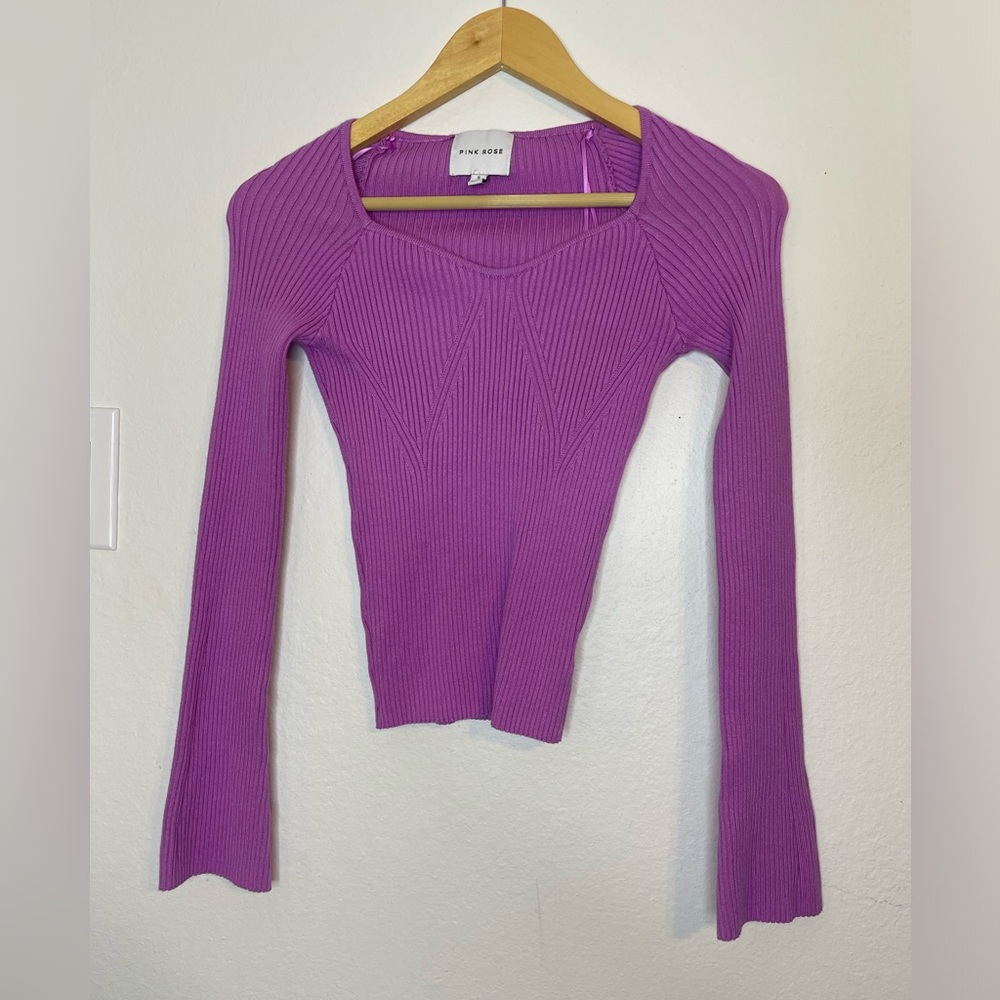 Pink Rose Purple Crew Neck Sweater with Flared Sleeves